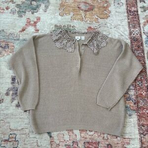 Together Cottagecore Whimsy Lace Collar V-Neck‎ Tan Sweater Women’s Large